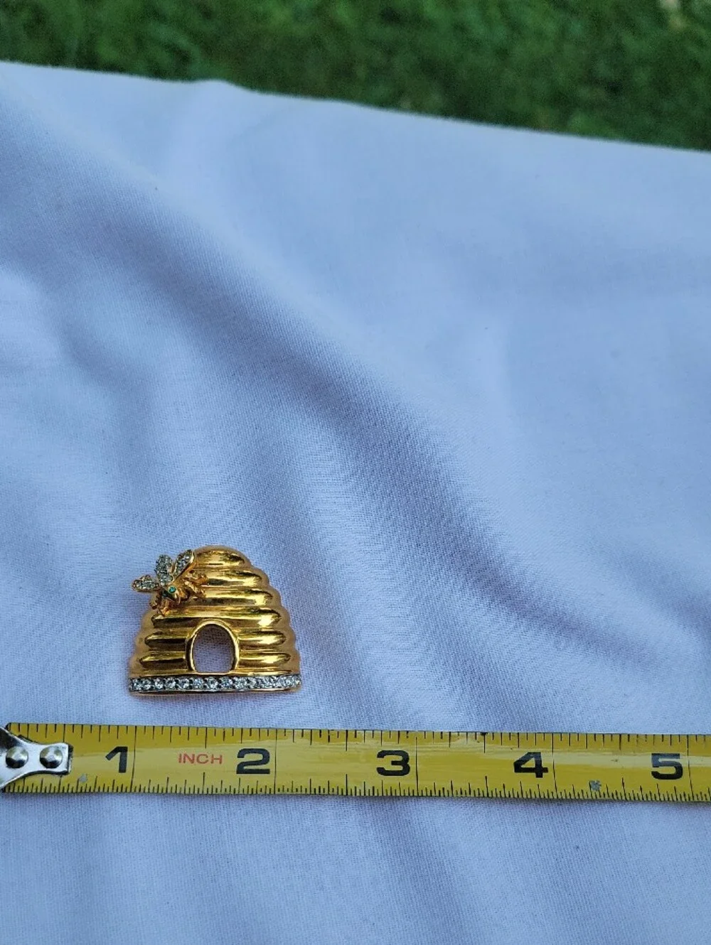 Vintage Joan Rivers Gold -Tone  Bee Hive Brooch with Clear and Green Accents